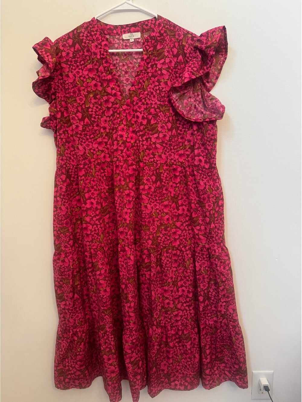 Entro XL Floral Ruffle Sleeve Midi Dress Pink and Brown